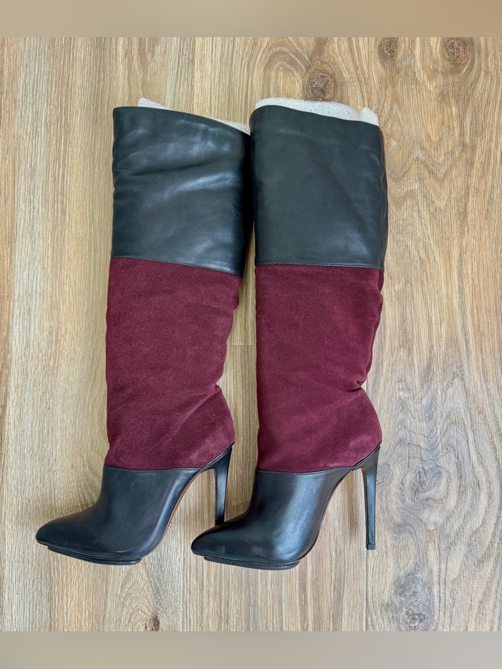 Schutz Leather & Suede Colorblock Over-the-Knee Boots Size 7.5B Burgundy Black - Picture 4 of 10